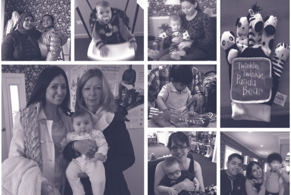 A black and white photo collage of families