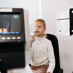 Image of a girl having an eye test done with one eye covered.